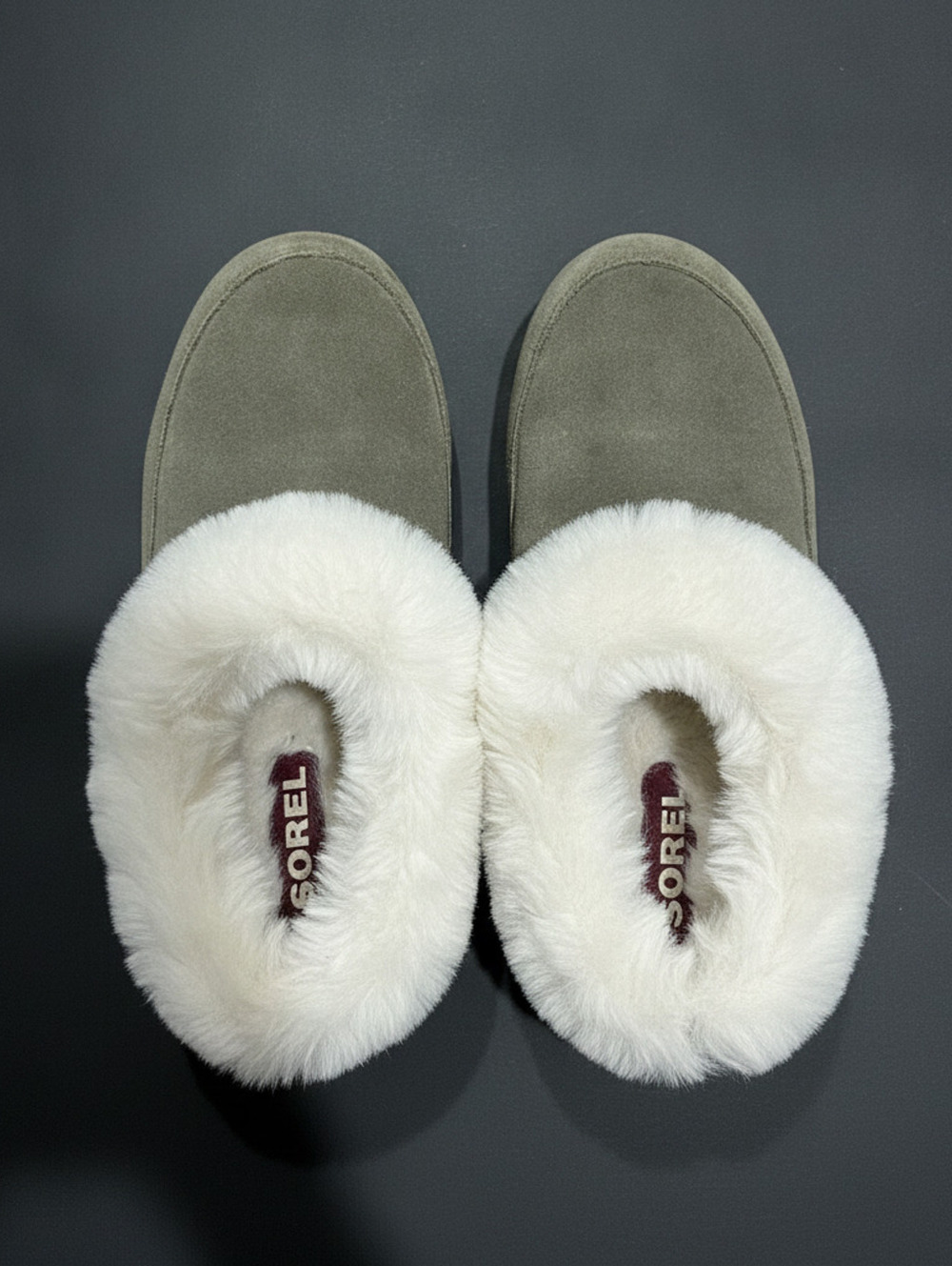 Sorel Go Coffee Run Slippers Suede Faux Fur Mules Women 11 Olive Green Winter